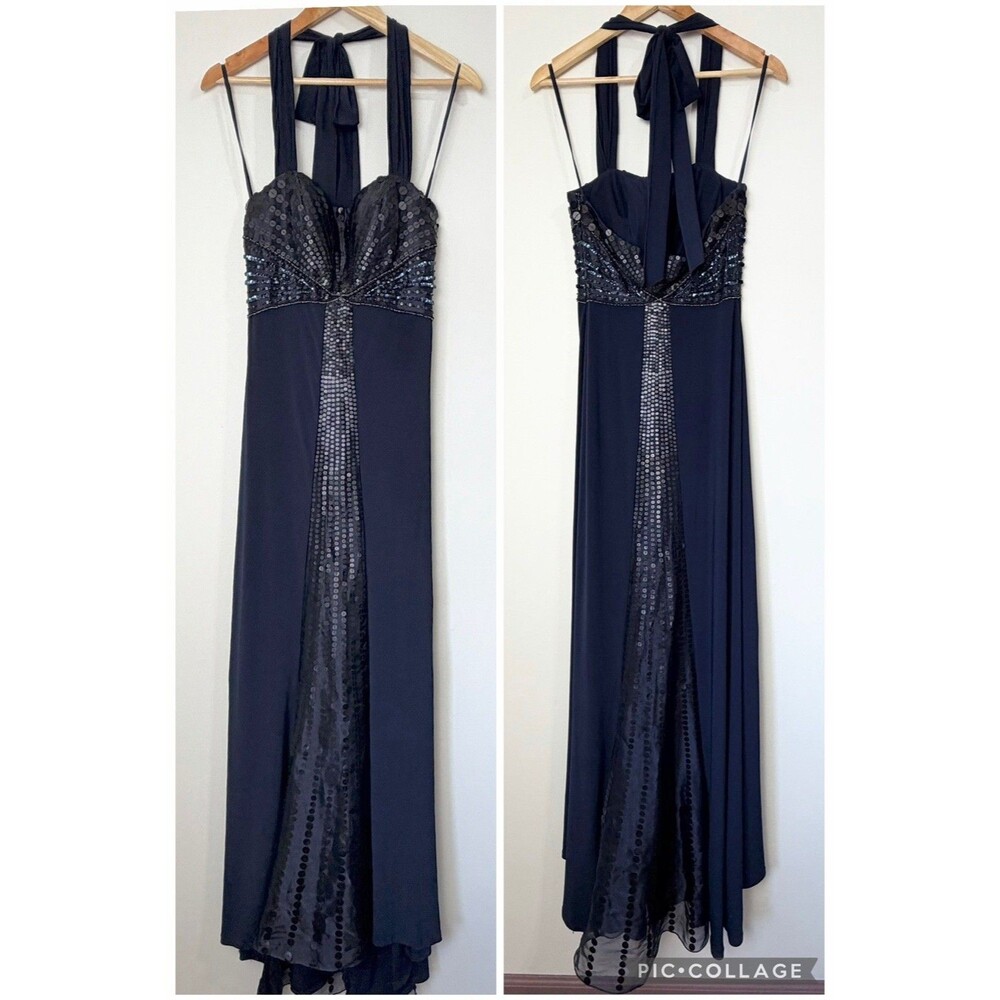 Sue Wong Formal Long Gown Dress Navy Blue Sequin Halter Women’s 6
